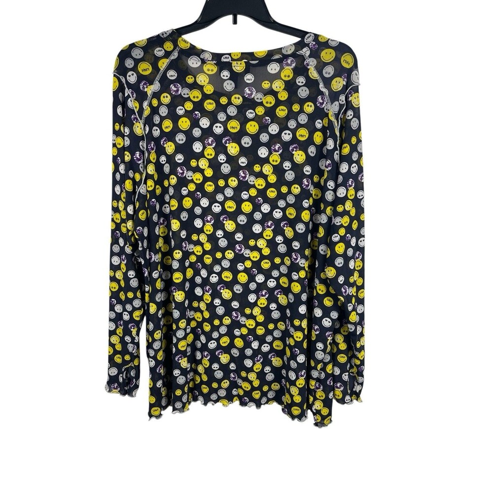 LOGO Lori Goldstein SmileyWorld 4X Smiley Face Tunic Soft Mesh Top Black Yellow
